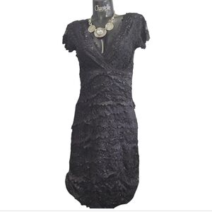 Le Chateau Midnight Black Mini Dress Lace With Beading  Layered Vneck Plunge.